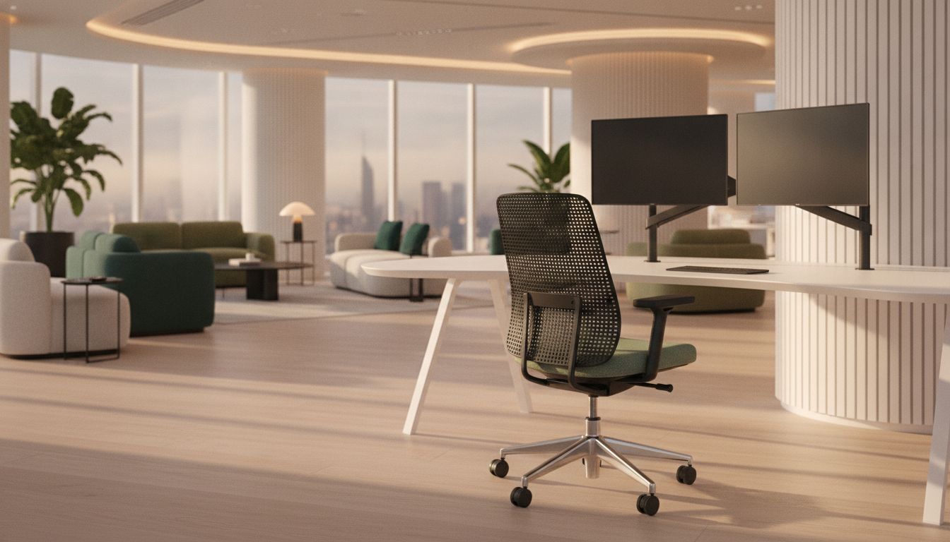 Mesh backed ergonomic task chair with a sage seat at an oak worksurface with dual monitor arms