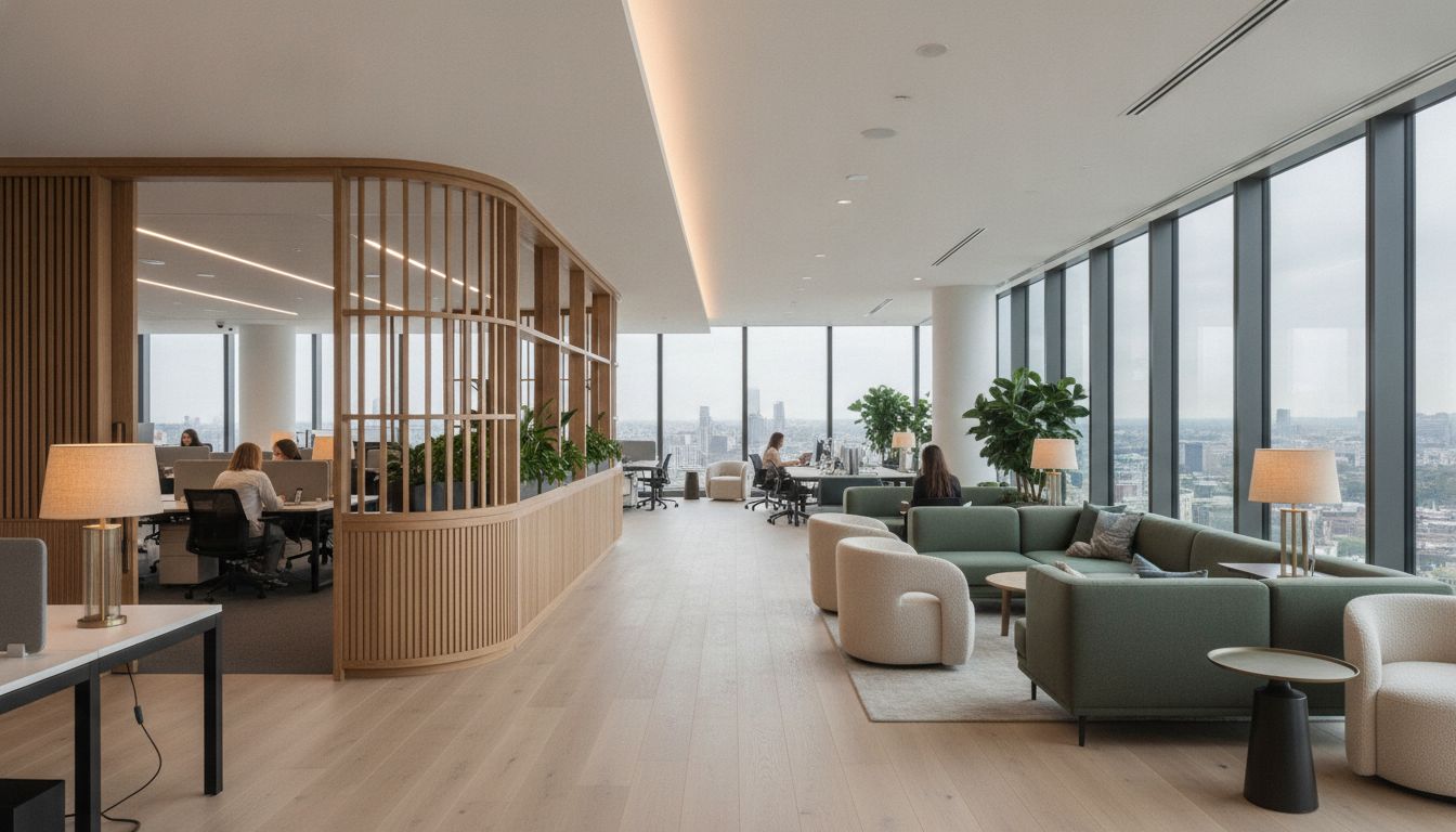 Wide view across an office floor with an oak screen dividing workstations from a lounge