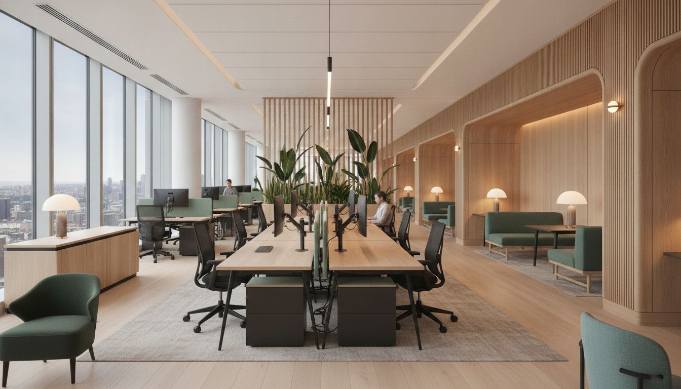 Open plan benching workstations with oak worksurfaces, monitor arms and felt screens