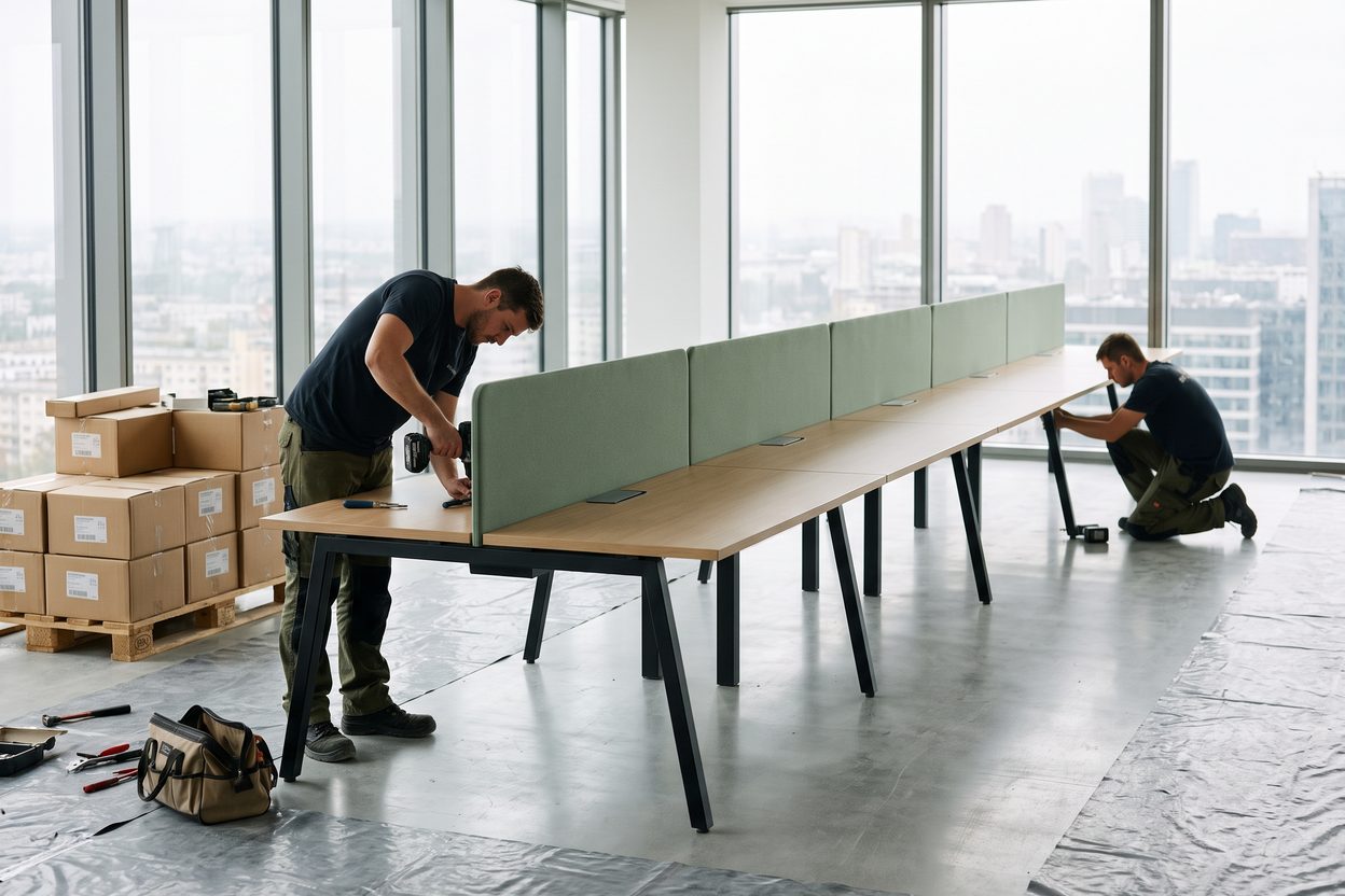 Installers assembling a run of oak benching desks on a protected floor